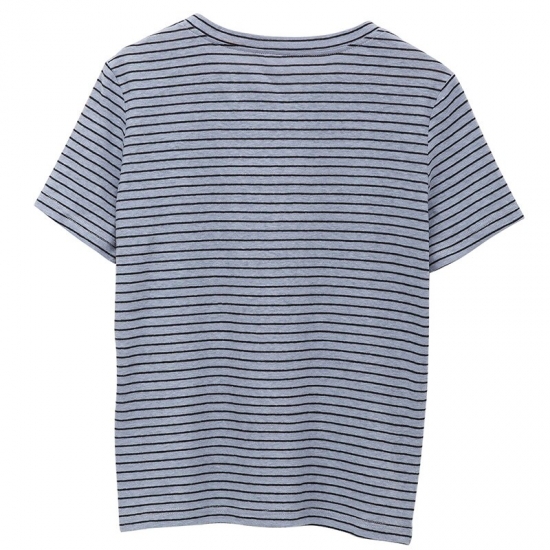 Women O Neck Linen Cotton Stripes T Shirt Short Sleeve Summer Tops