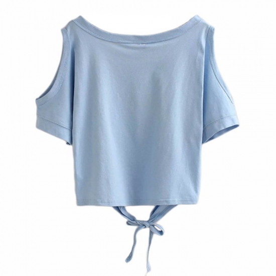 Off Shoulder Half Sleeve Boat Neck Front Knotted Cropped Shirt for Sexy Girls 