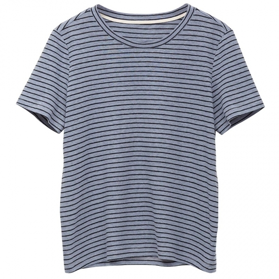 Women O Neck Linen Cotton Stripes T Shirt Short Sleeve Summer Tops