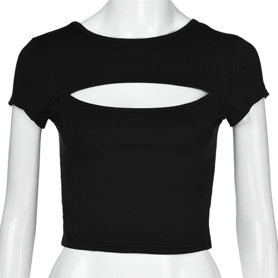 New Solid Black White Short Sleeve T-Shirt Tees Top Women Sexy Hollow Out Crop Top